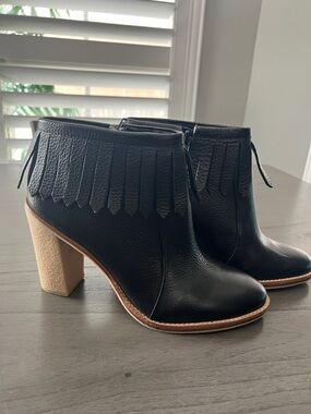ANTONIO MELANI Black Leather Fringe Ankle Boot with Tan Block Heel
